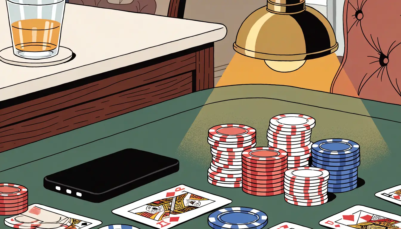 Smartphone face-down on green felt casino table with chips and cards in British card room