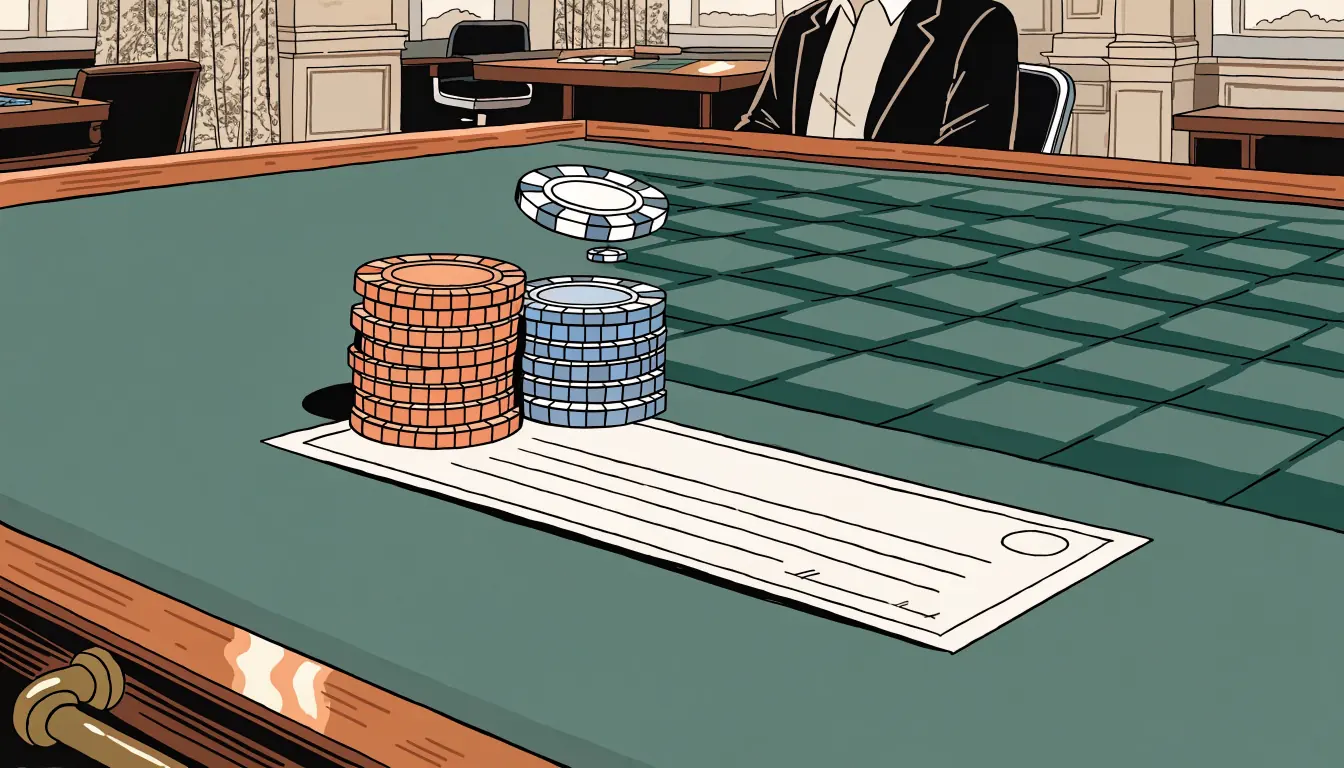 Blank bank cheque on a green felt casino table next to stacked chips