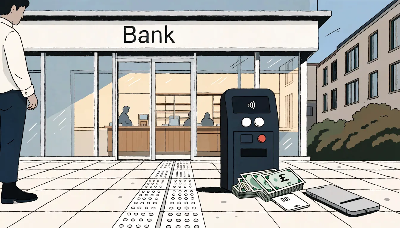 UK bank branch exterior with smartphone, pound notes and card reader