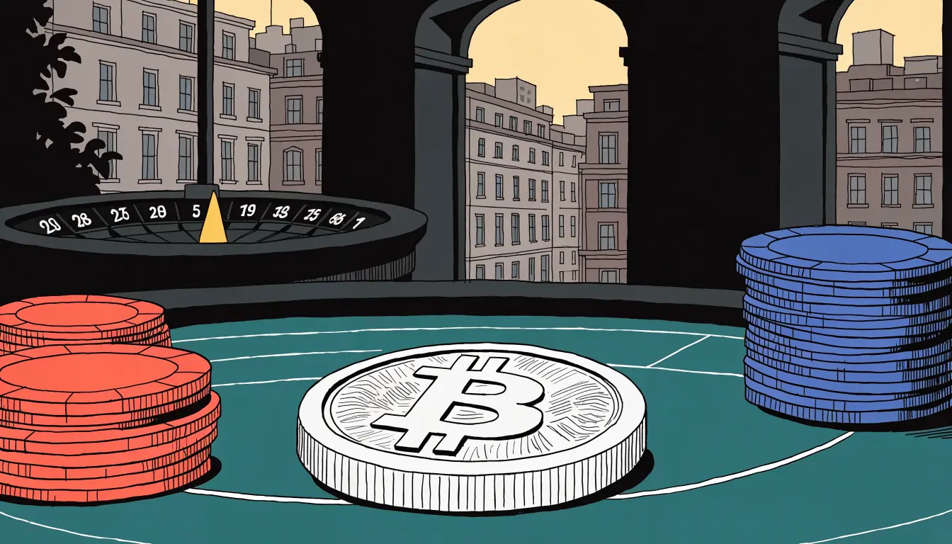 Bitcoin coin on green felt casino table with poker chips and London skyline