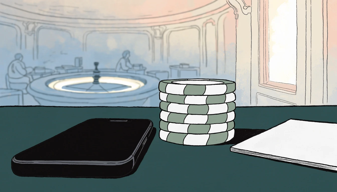 Smartphone on casino table with chips near a roulette wheel in a UK lounge