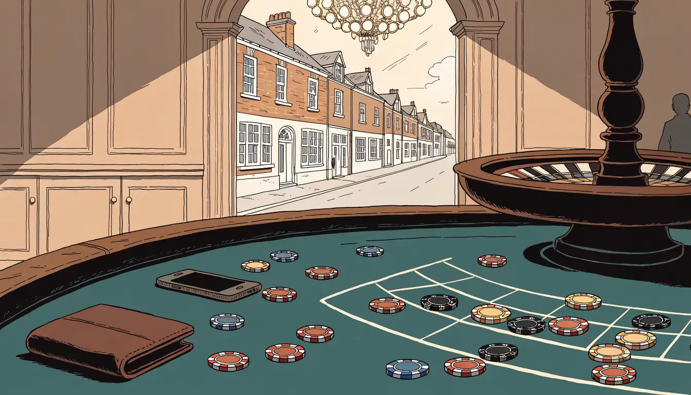 UK casino interior with roulette table, chips, closed wallet, and a face-down smartphone.