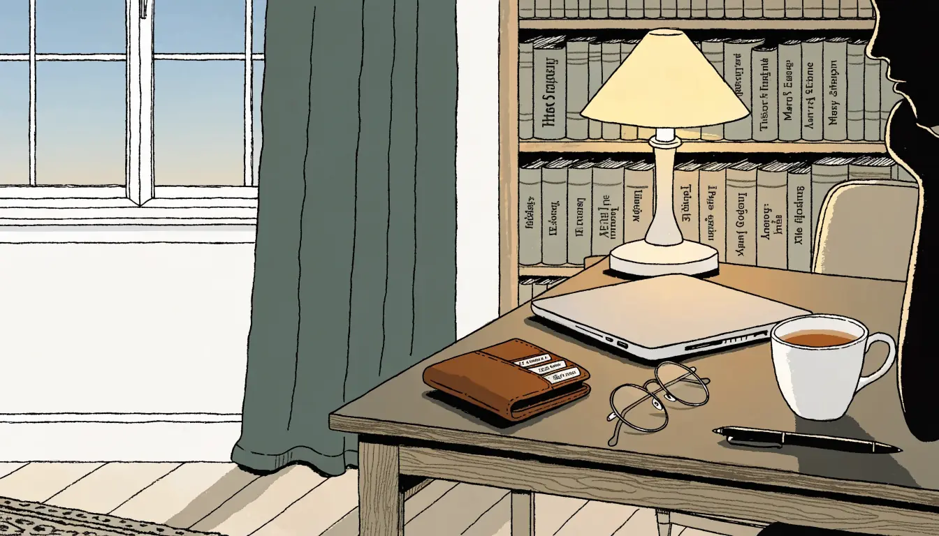British home study with desk, wallet, bank cards, tea, and laptop at dusk