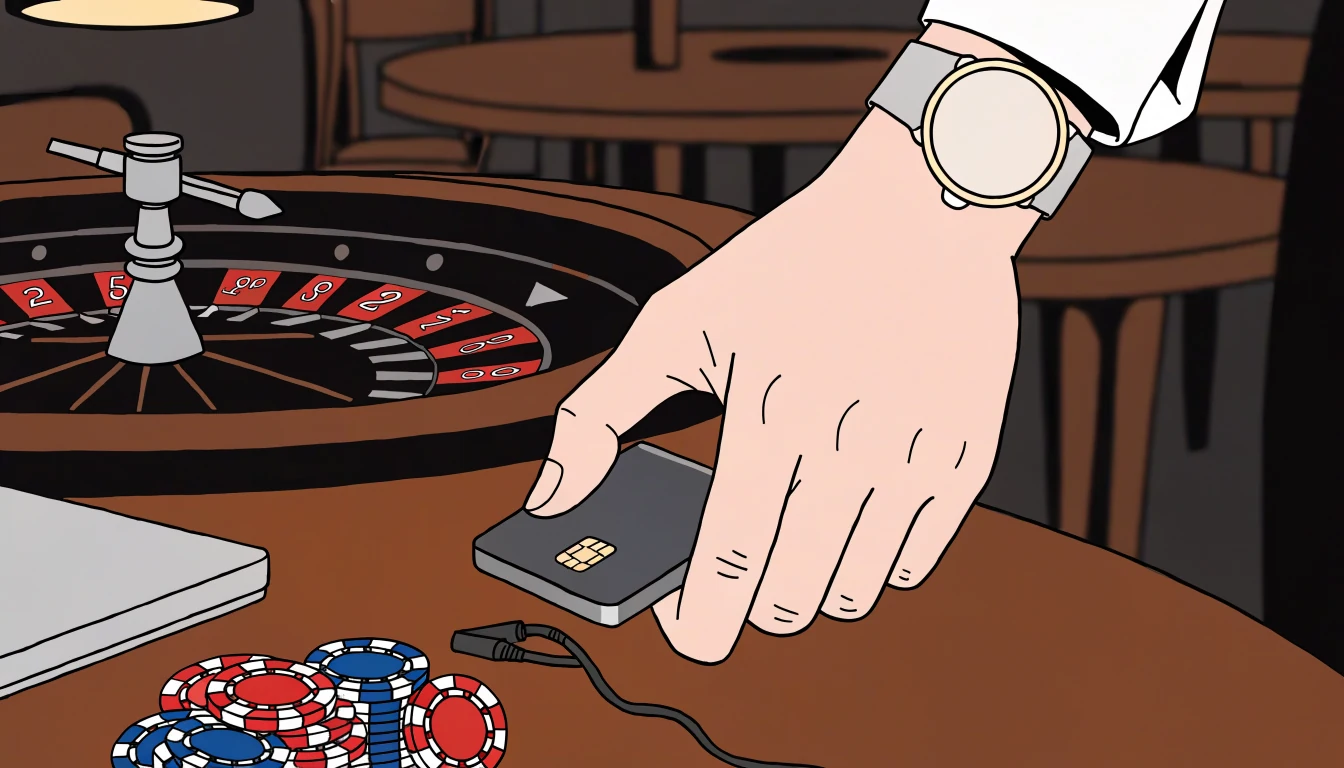 Hand placing payment card near casino chips at a UK table.