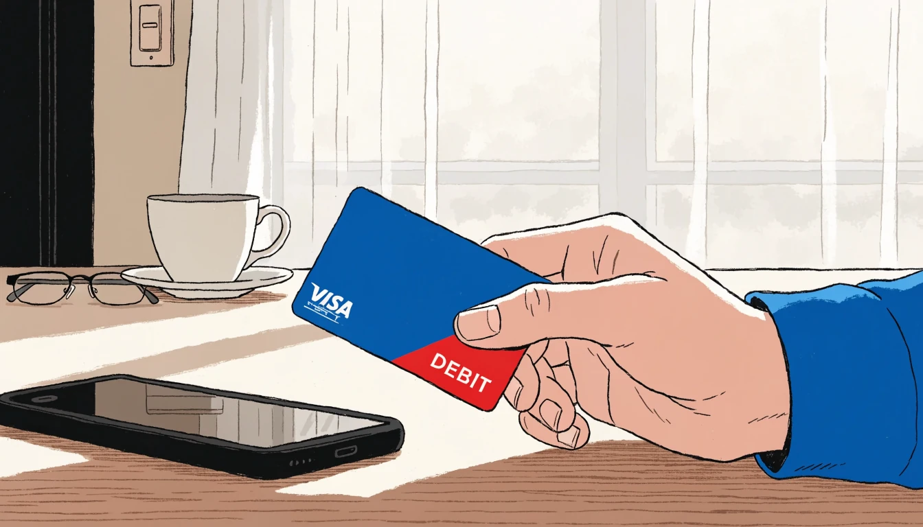 Hand holding a Visa debit card next to a smartphone on a wooden desk.