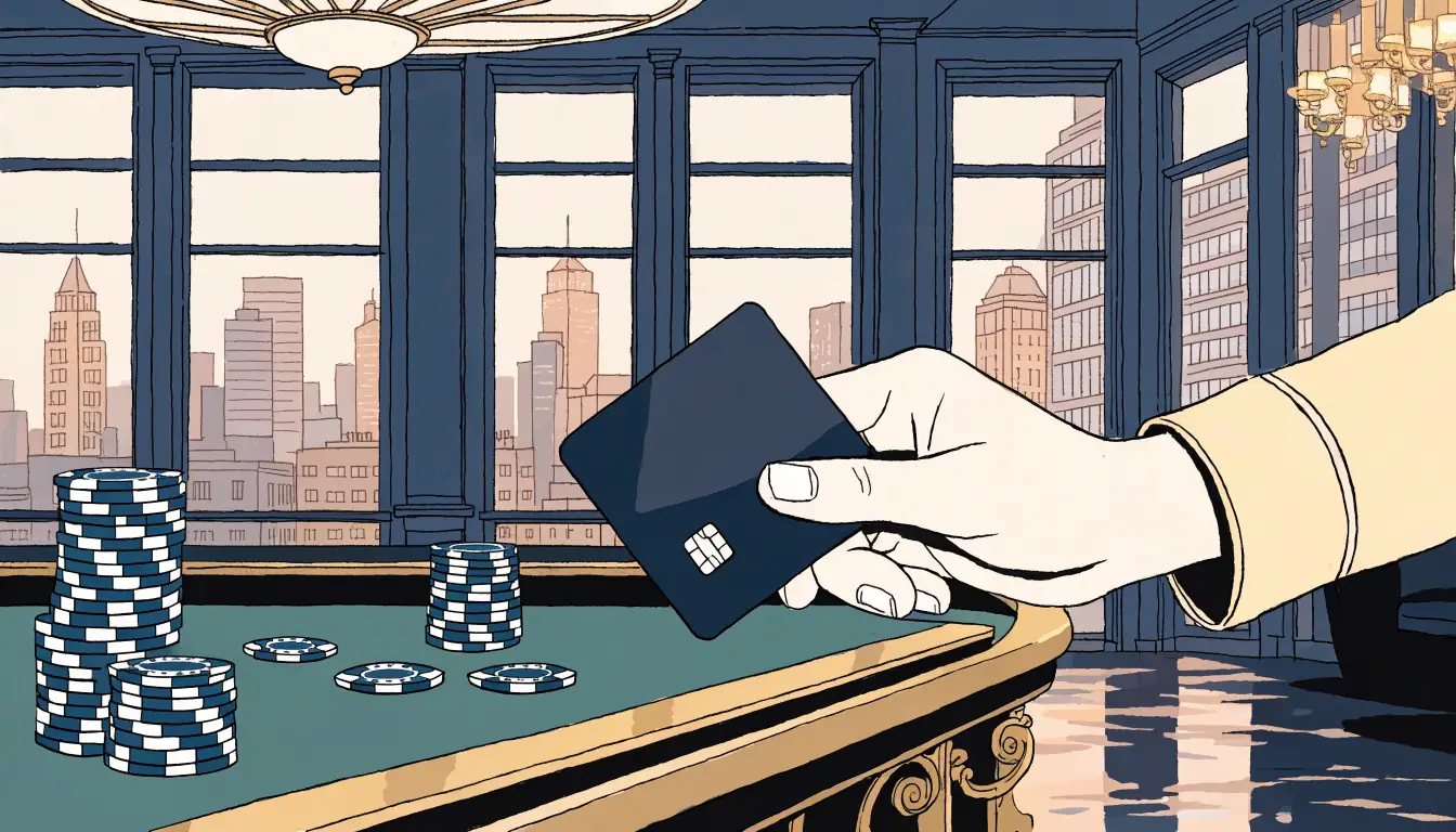 Hand holding a payment card over a casino gaming table in a UK venue