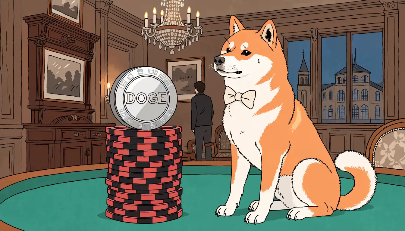 Shiba Inu dog beside stacked casino chips with a Dogecoin coin in a British gaming room