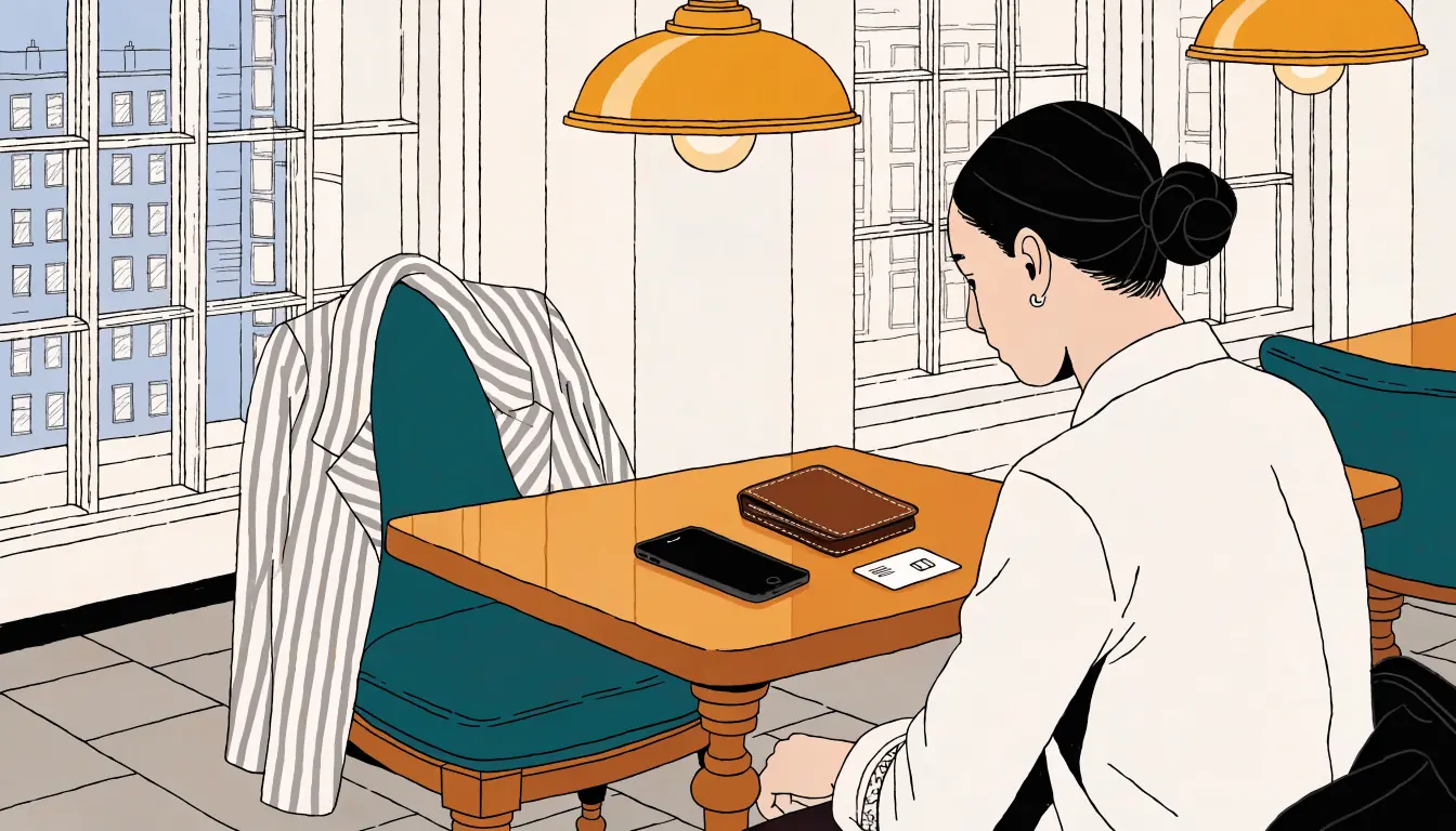 Person at a London lounge table with smartphone, wallet, and contactless card.