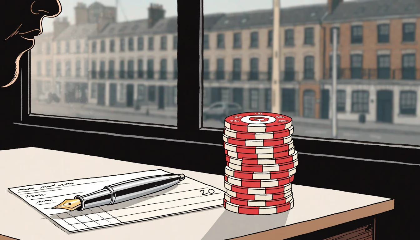 Paper check on desk with casino chips, pen, and British street through window.