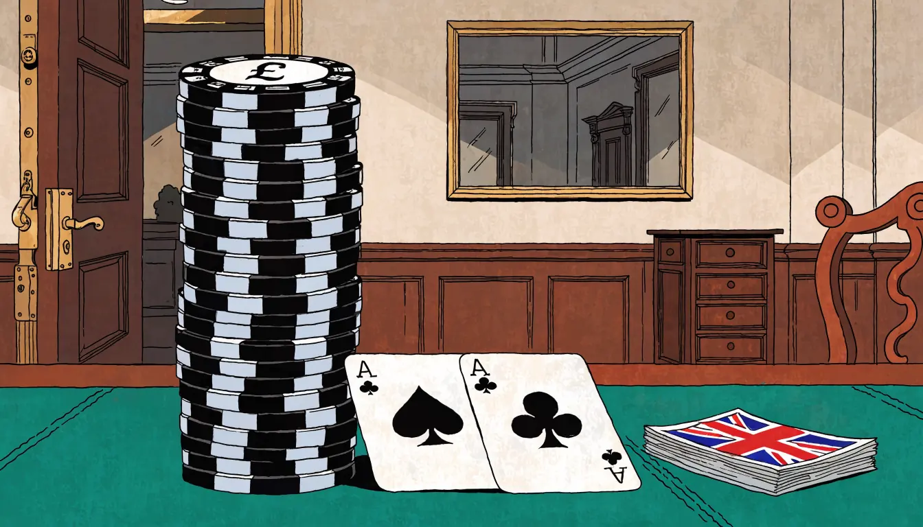 Casino chips stacked on a green felt table next to playing cards and pound notes in an elegant British casino.