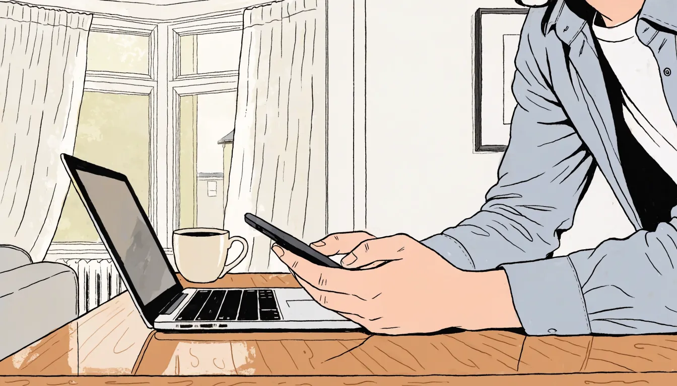 Hands holding a smartphone near a laptop on a wooden table