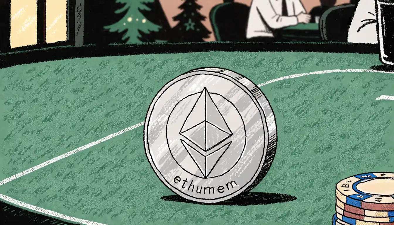 Ethereum coin on a casino table with poker chips in a British pub setting.