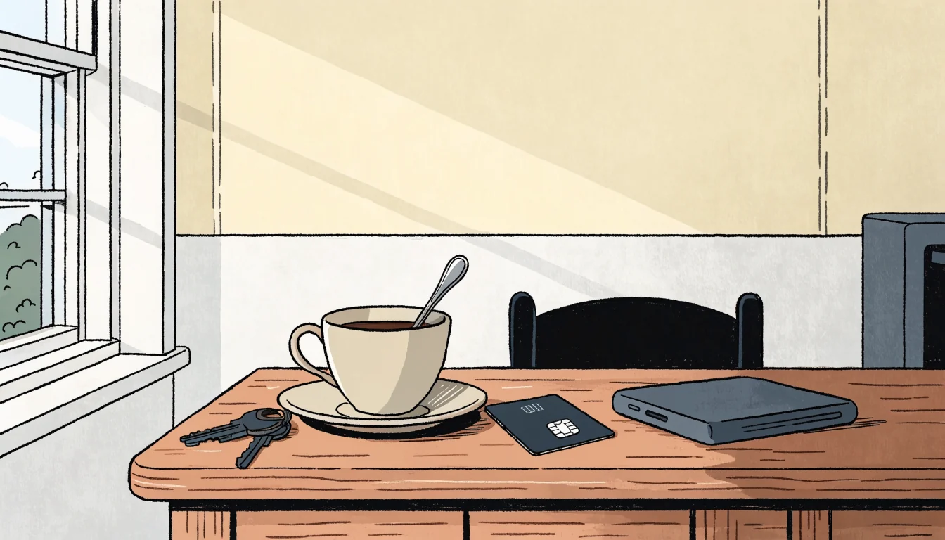 Bank card and smartphone on a wooden table in a British home.