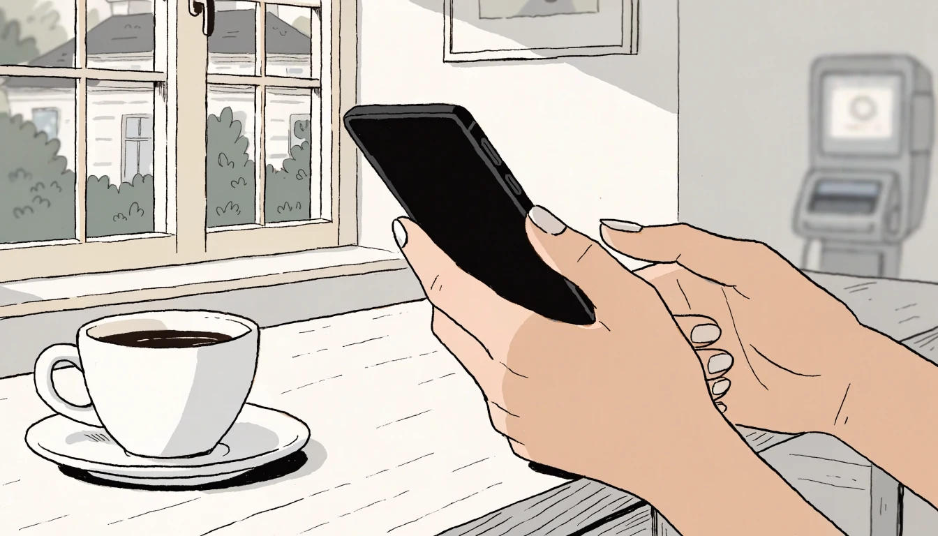 Hands holding a smartphone near a contactless terminal on a table.