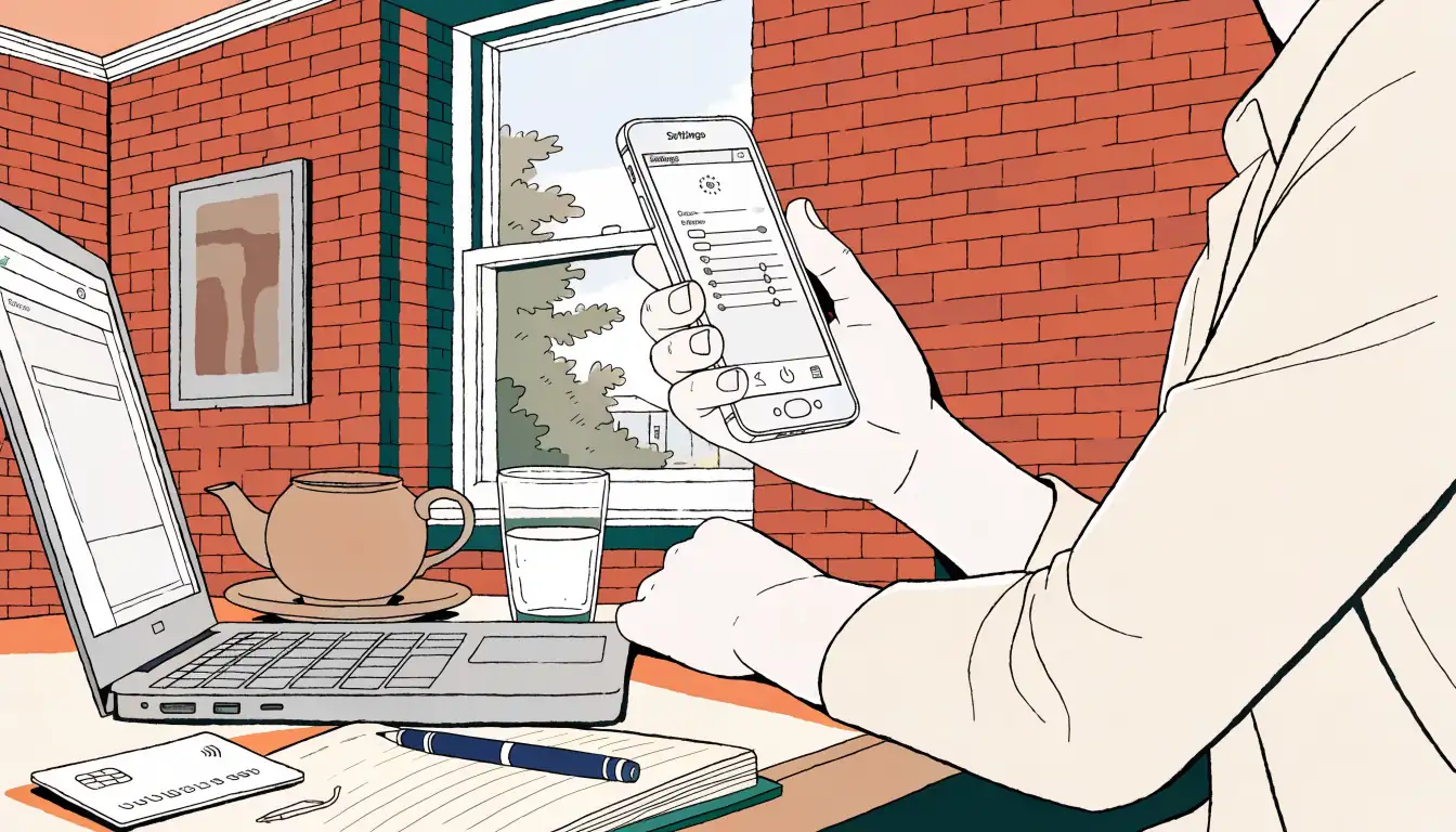 Hands holding phone on a desk in a British home setting.