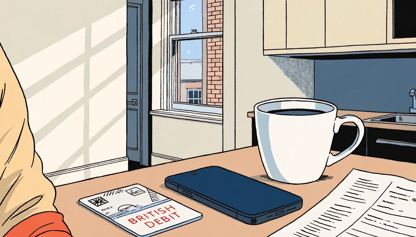 UK debit card and smartphone on kitchen counter