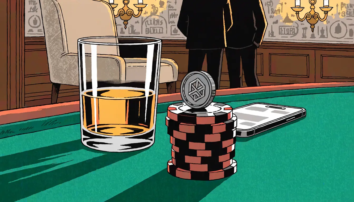 Smartphone on green casino table with poker chips, whisky, and silver crypto coin in British lounge