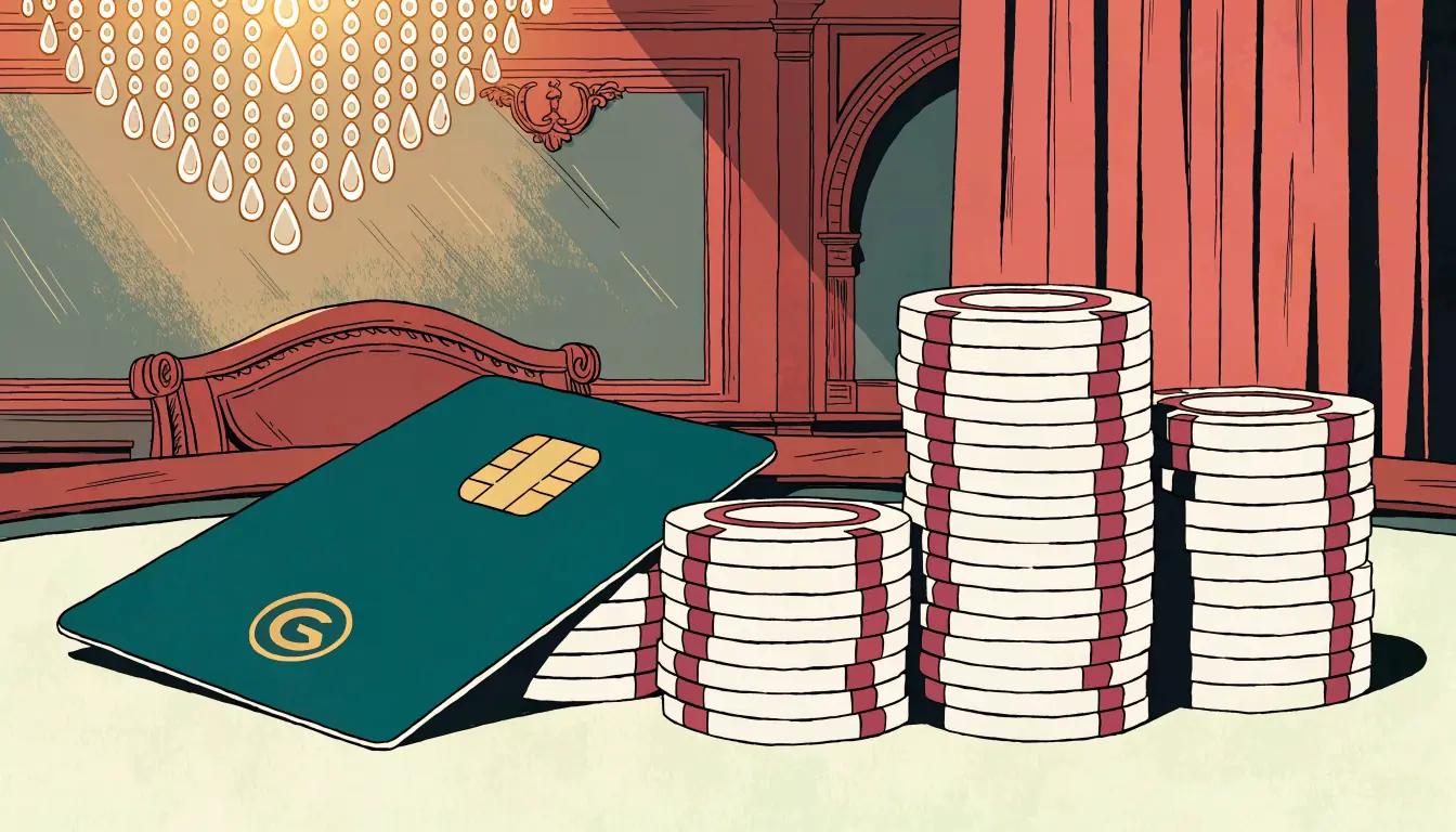Bank card on green casino table beside stacked chips in an elegant UK casino interior.