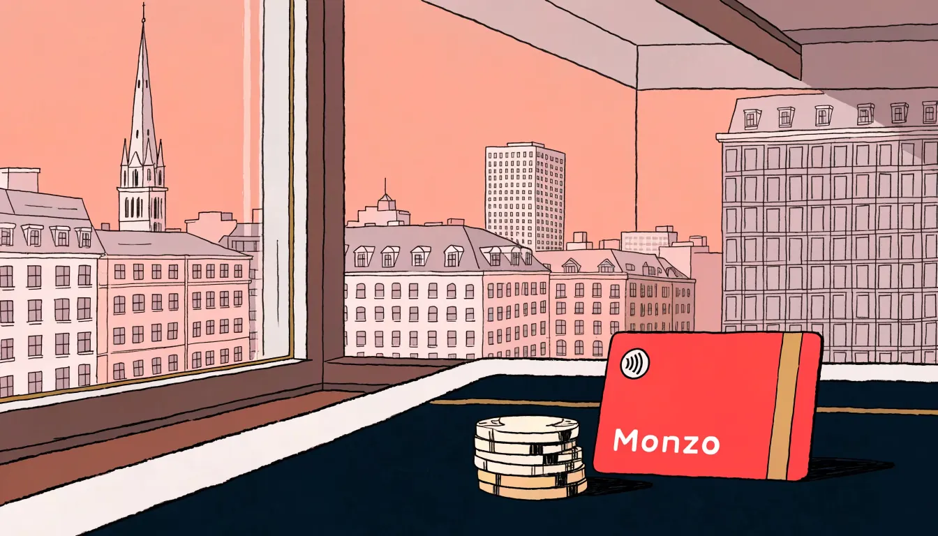 Monzo card on casino table with chips, London skyline behind