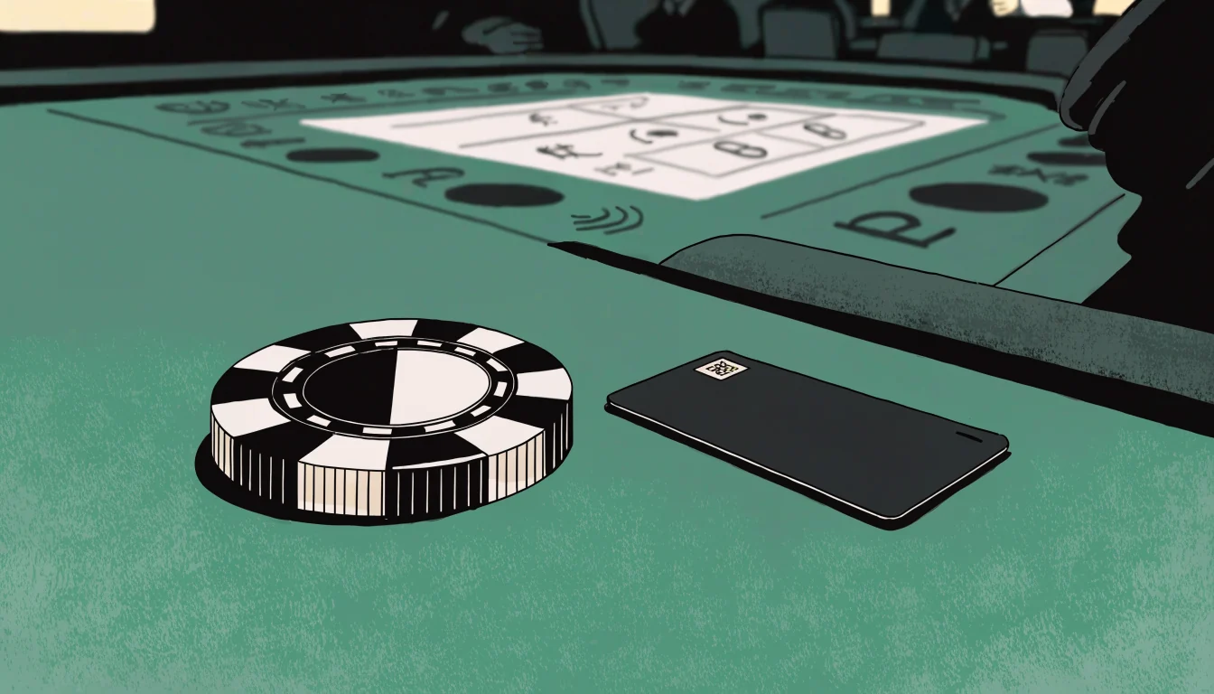 Casino chip and e-wallet card on a green felt table in a UK casino lounge.