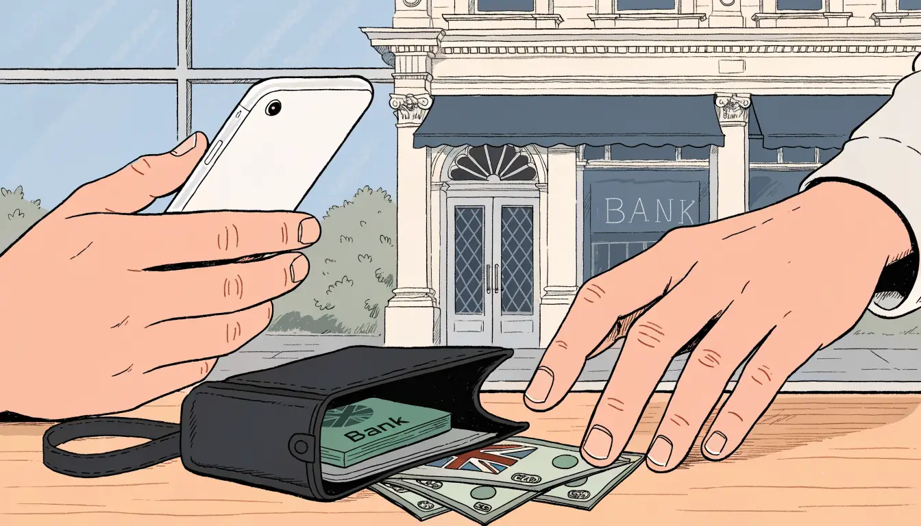 Hands holding a smartphone near a wallet and pound notes by a UK shop window