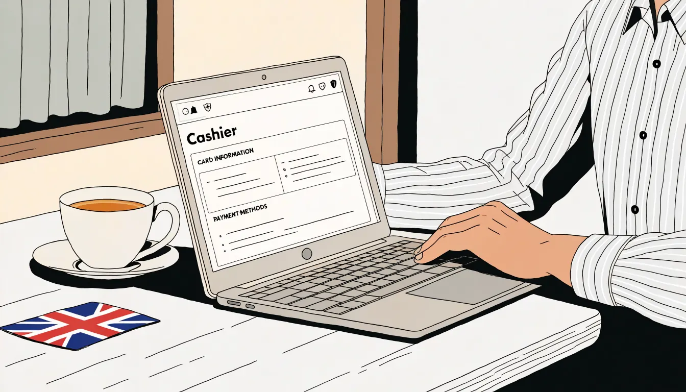 Laptop showing online casino cashier, UK desk scene