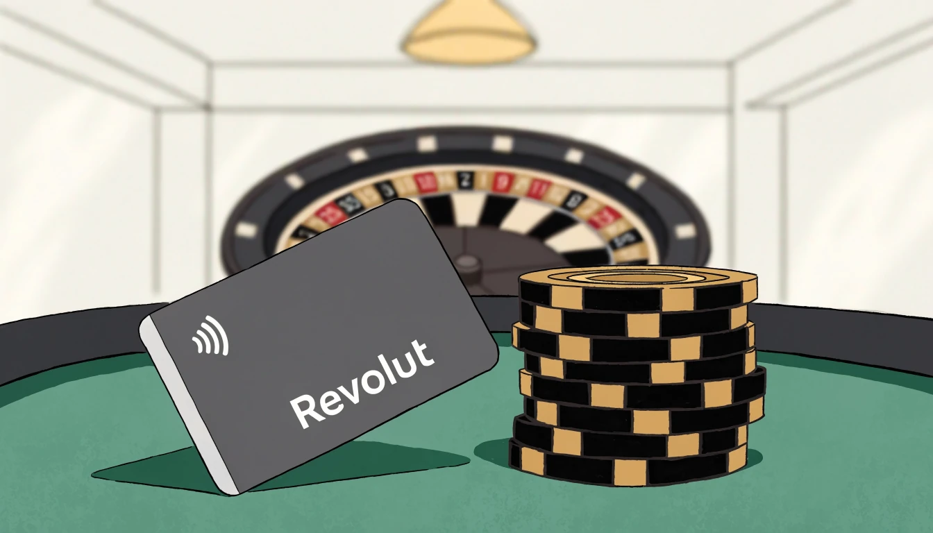 Dark payment card and stacked casino chips on a green felt table with a roulette wheel behind.