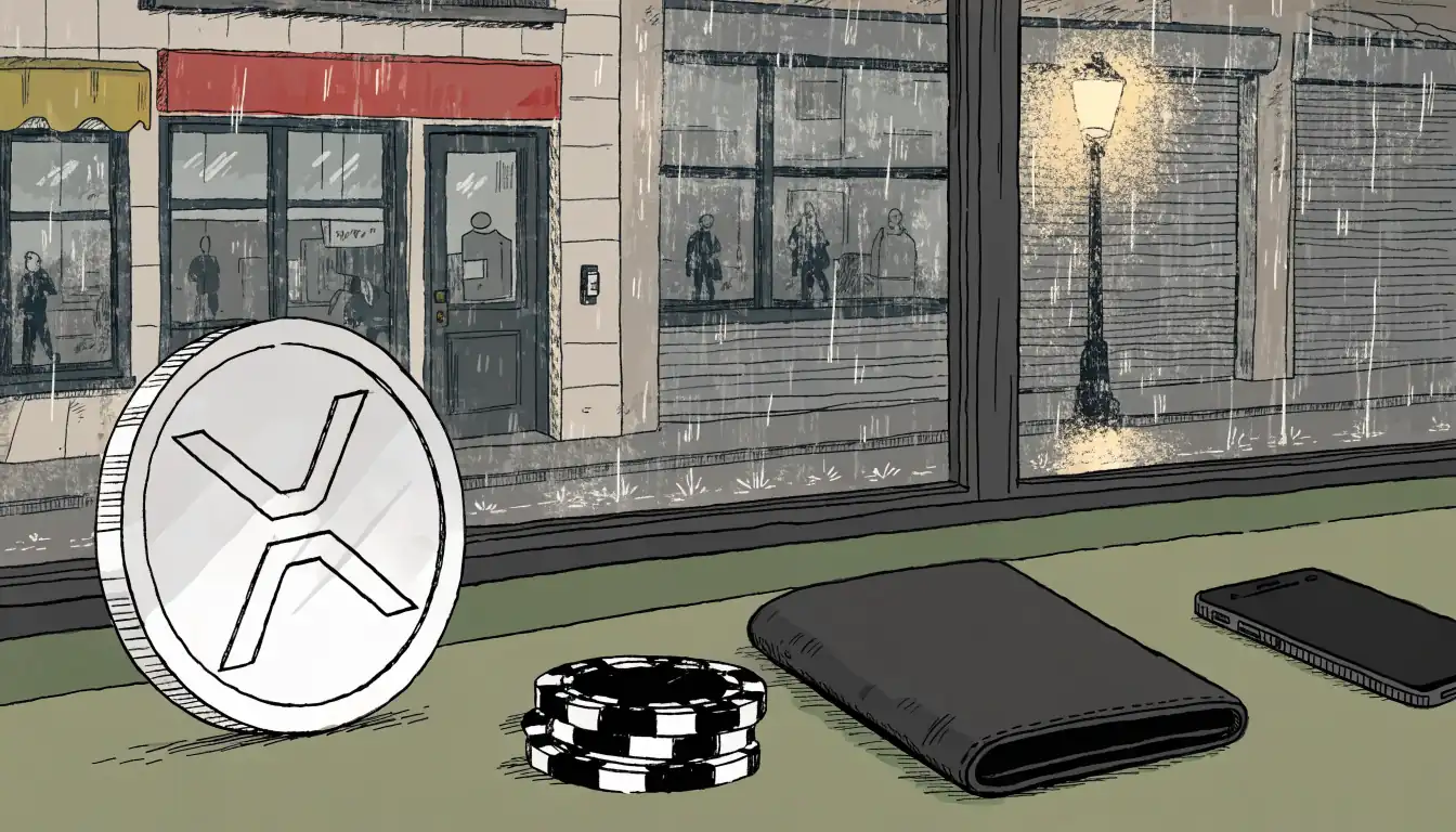 XRP coin on a green felt casino table with chips, British storefront seen through a window