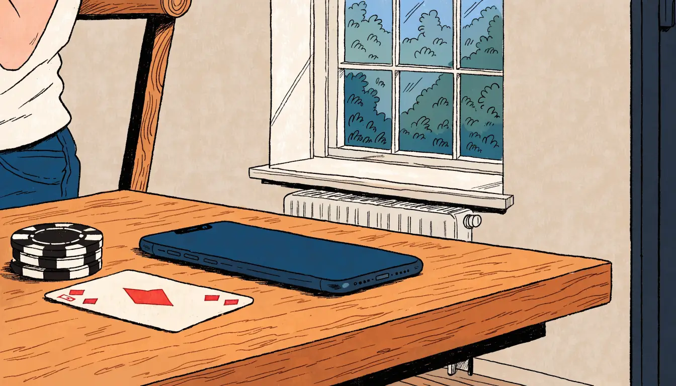 Smartphone beside casino chips and a playing card on a wooden table.