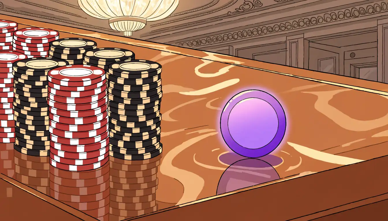 Casino cashier counter with gaming chips and a glowing cryptocurrency token in an upscale British setting.
