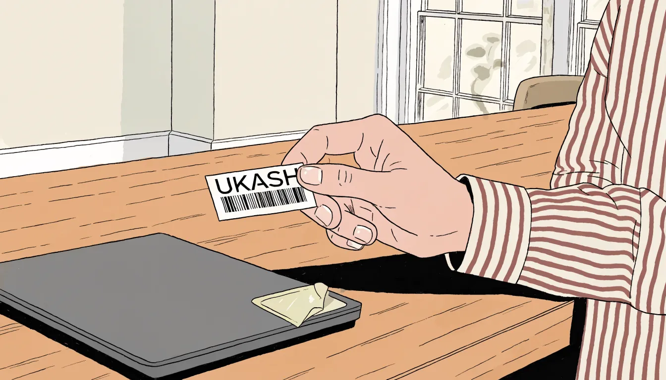 Hand holding a prepaid voucher near a laptop with a peeling payment sticker