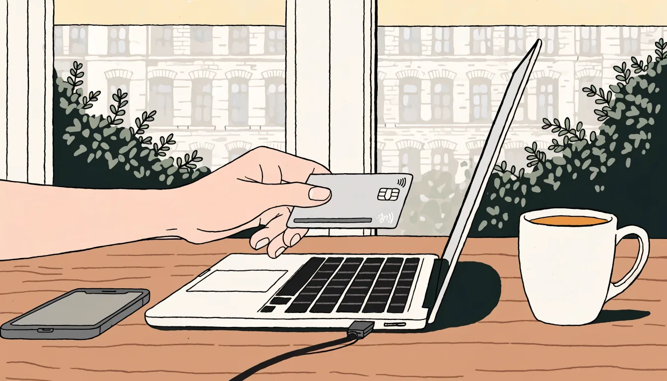 Hand holding a debit card over a laptop on a desk