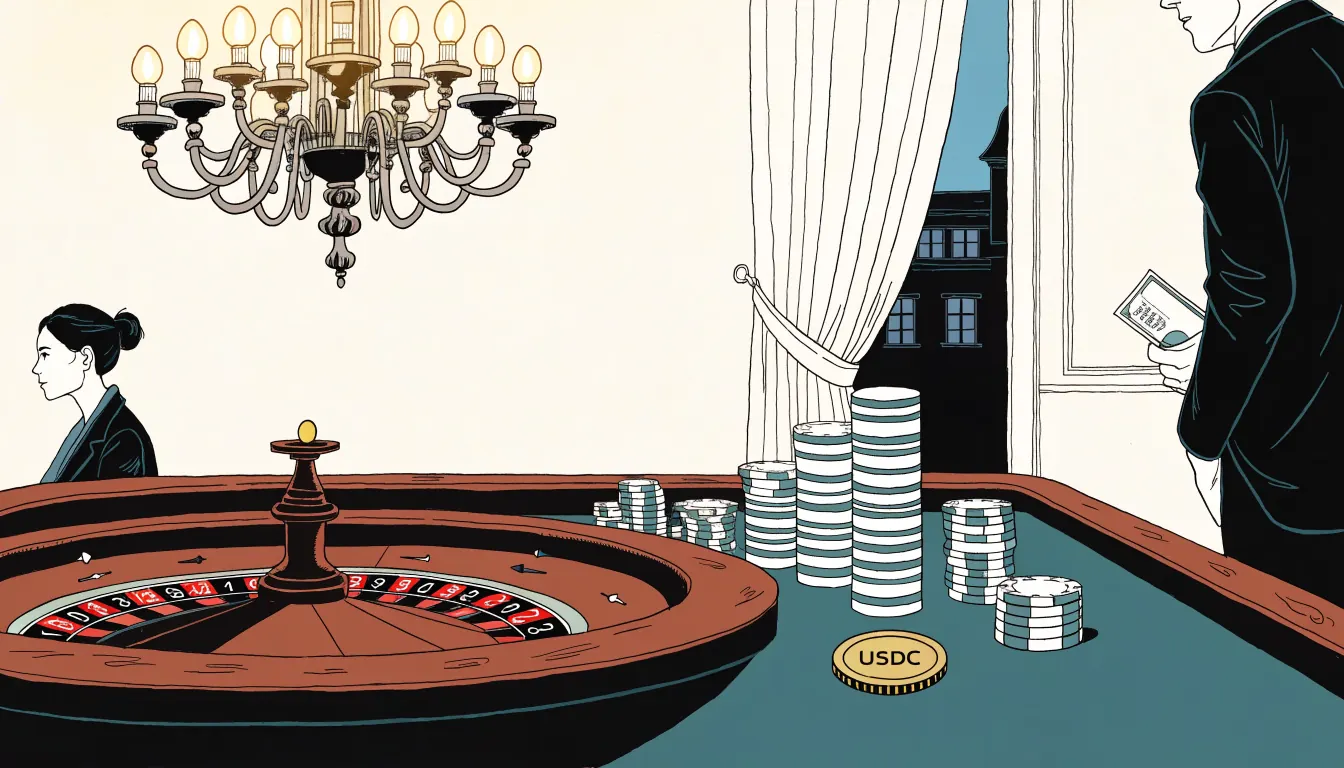 British casino interior with roulette table, chips and a USDC coin.