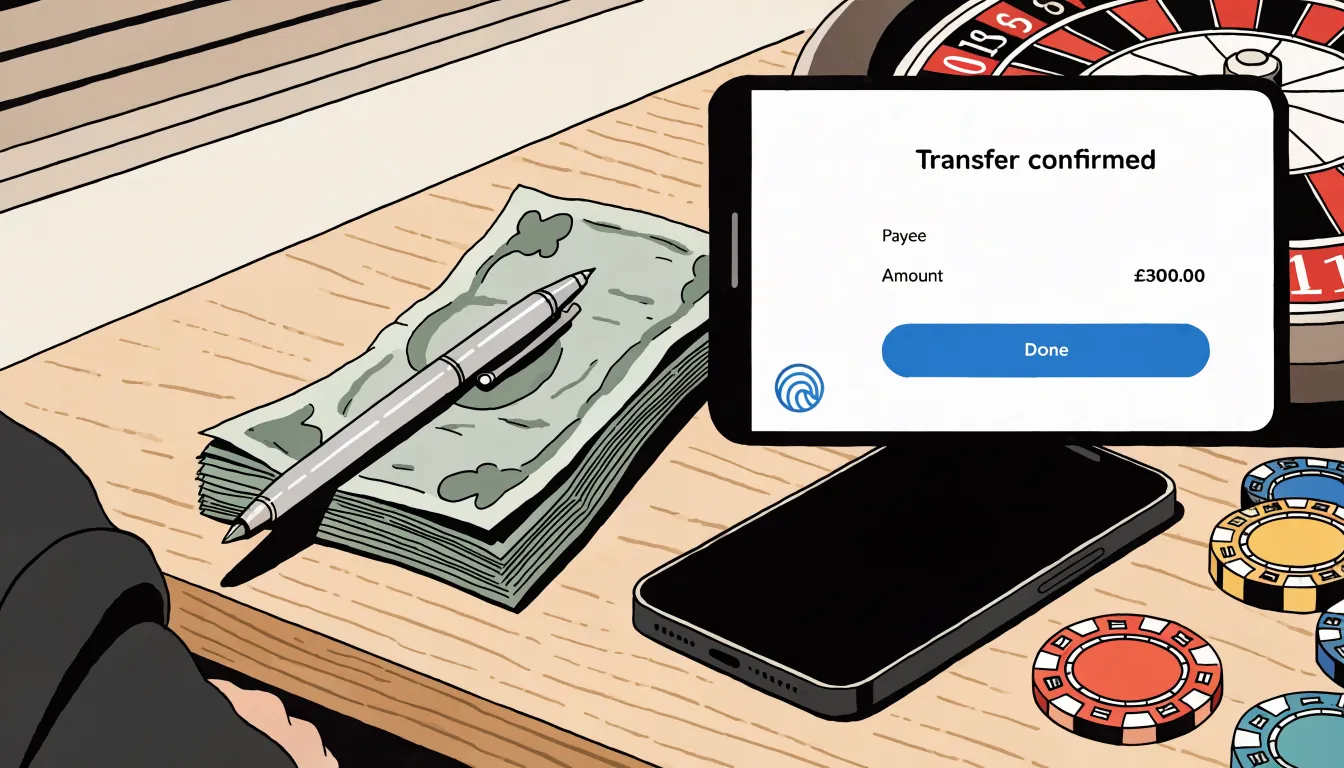 British pounds, smartphone, roulette wheel, and casino chips on a wooden desk.