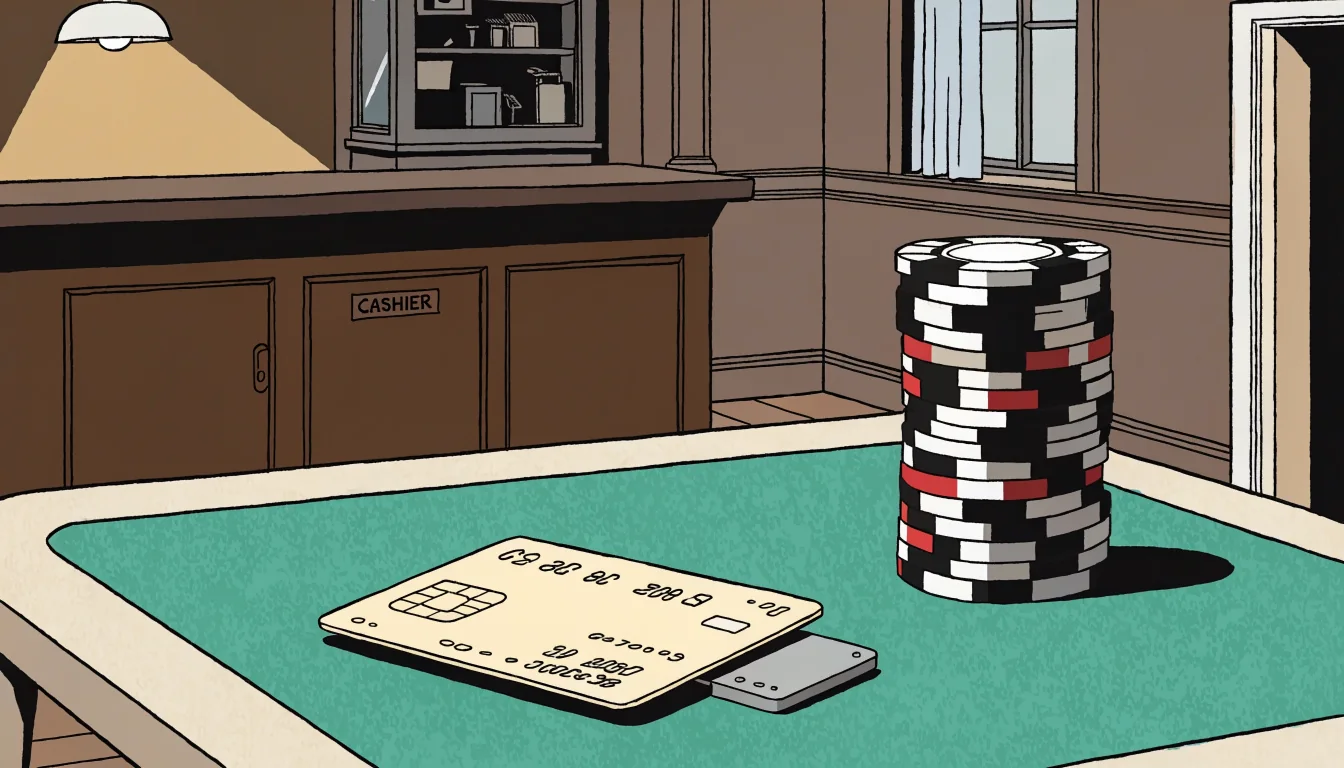 Discarded bank card on green felt table beside casino chips in an empty UK betting shop.