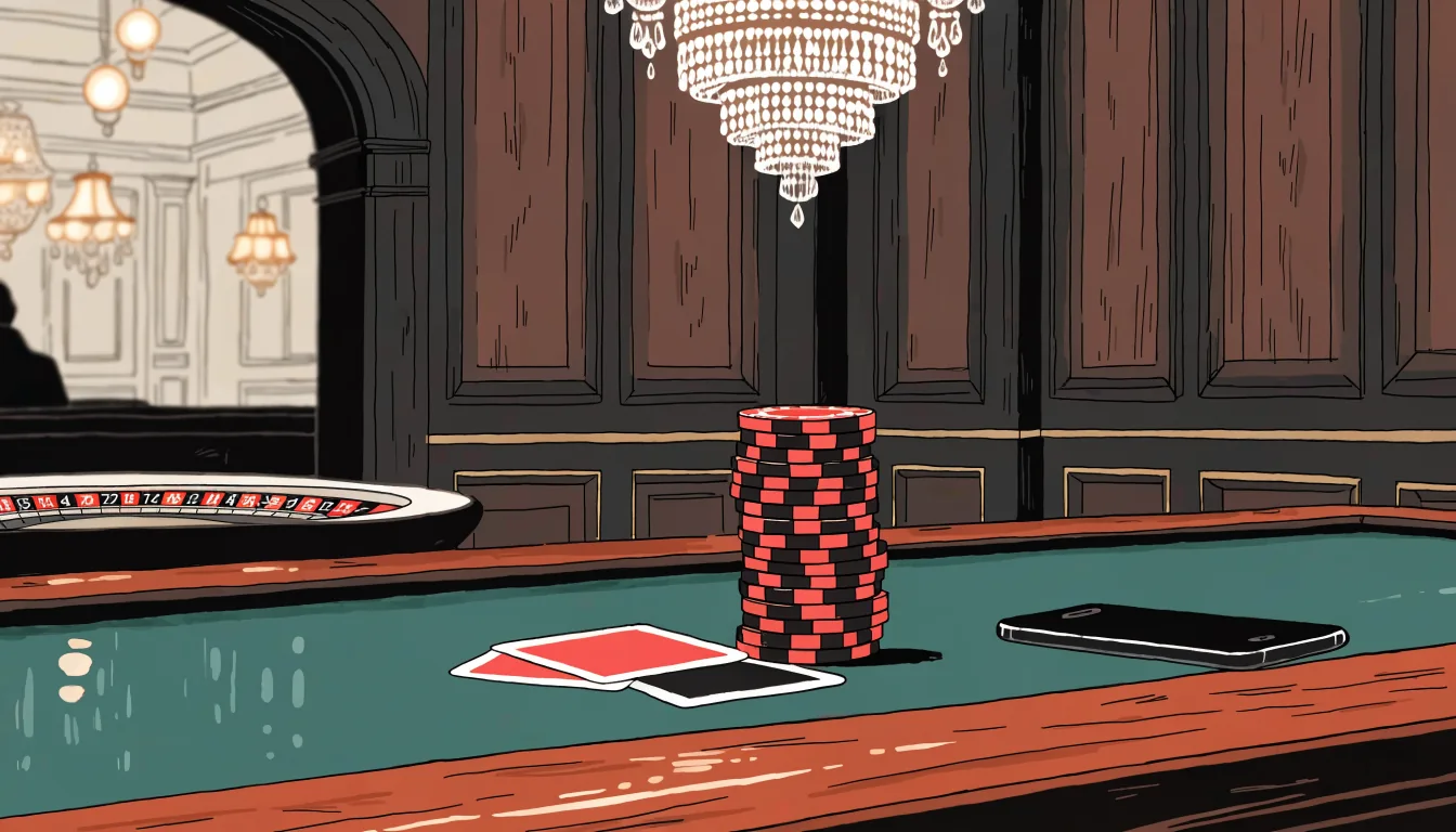Smartphone face-down on a casino table with poker chips and cards in a British gambling club.