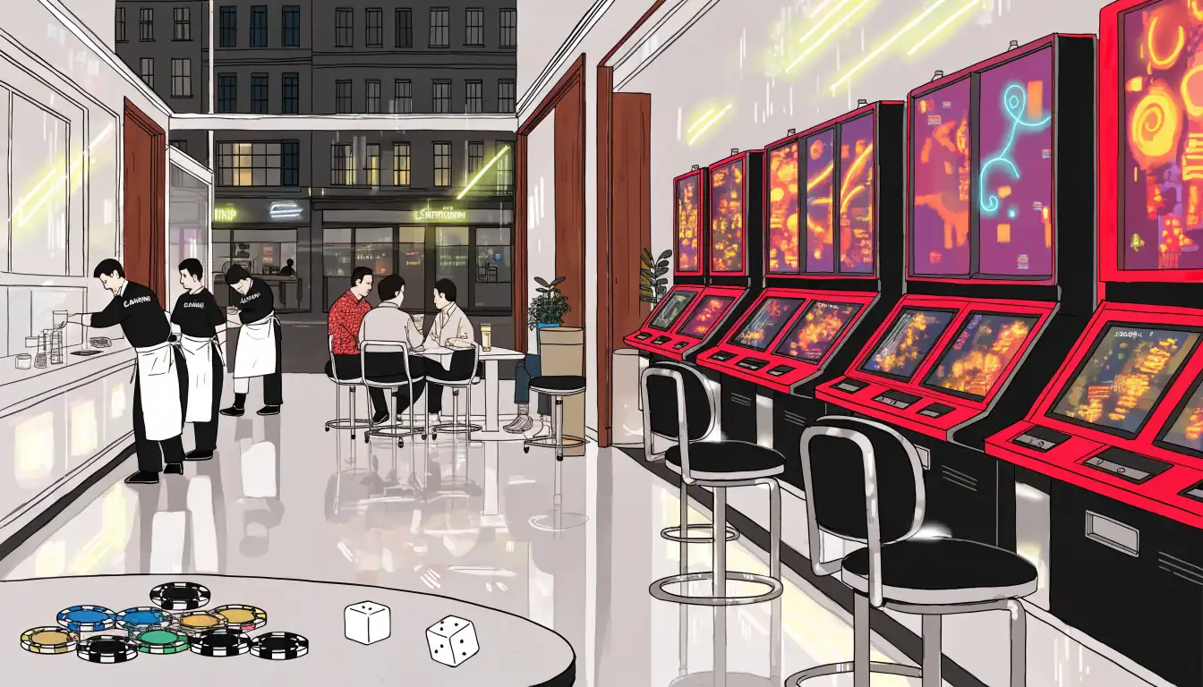 Evening view of a UK gaming lounge with slot machines and casino chips