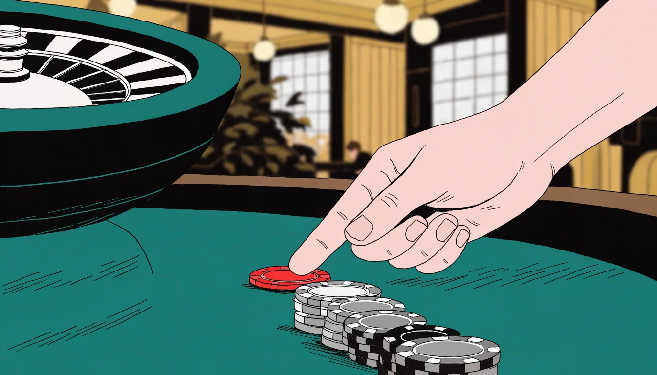Stacked chips on a green felt casino table beside a roulette wheel, warm ambient lighting.