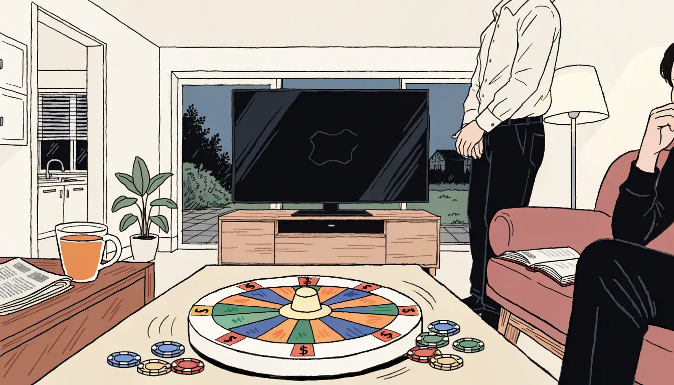 Modern UK living room with a colorful money wheel and casino chips on the coffee table.
