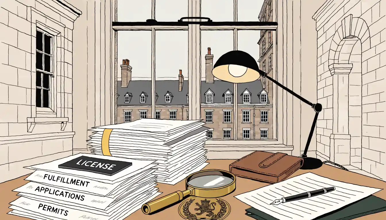 Formal office desk with licensing documents, magnifying glass, and seal under warm lamp light.