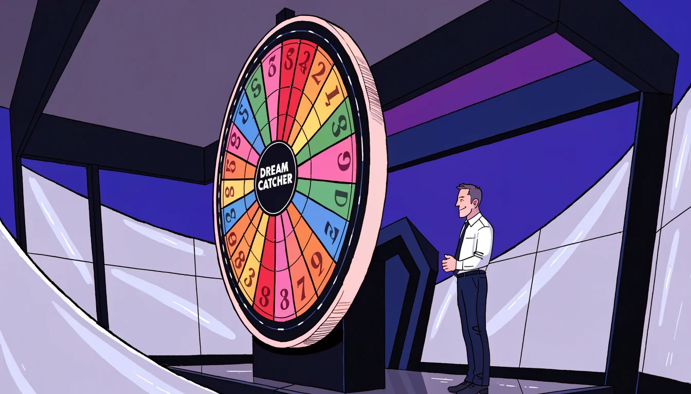 Live casino studio with the Dream Catcher money wheel and a presenter on stage.