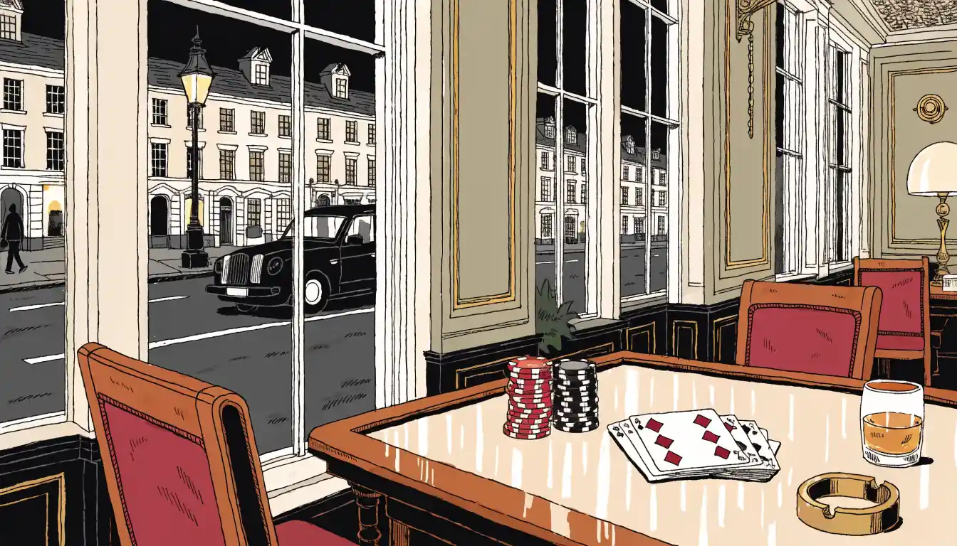Elegant British casino lounge with card table, chips and whisky