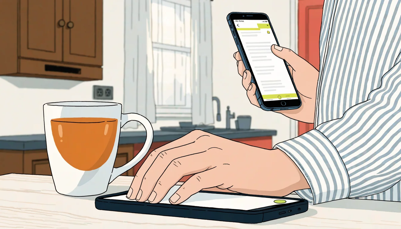 Hand beside a glowing phone on a kitchen table, waiting for a casino payout notification in a British home.