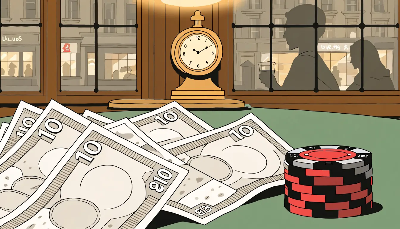 British pound notes, casino chips and a vintage clock on a green felt table in a UK setting.