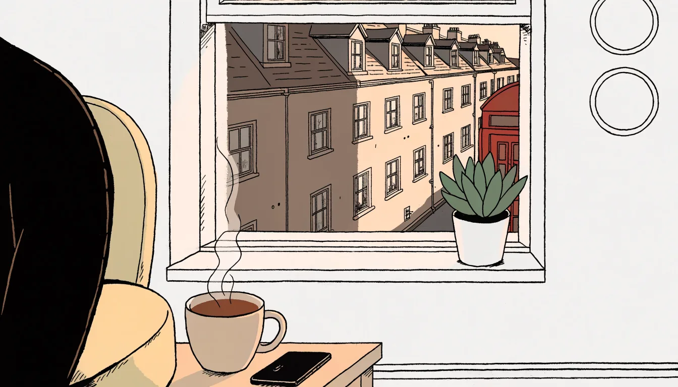 London flat interior at golden hour with a smartphone face-down and tea on the table.