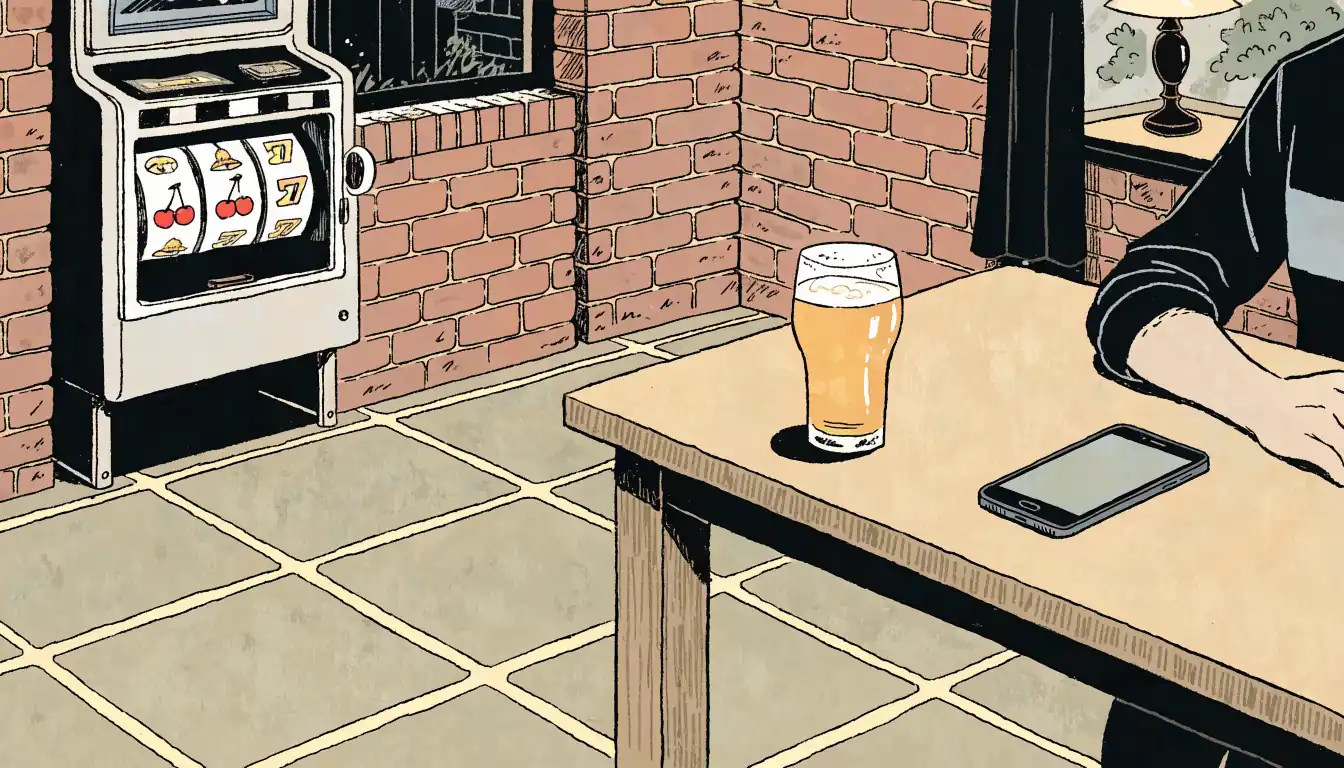 Vintage fruit machine beside a smartphone in a British pub interior