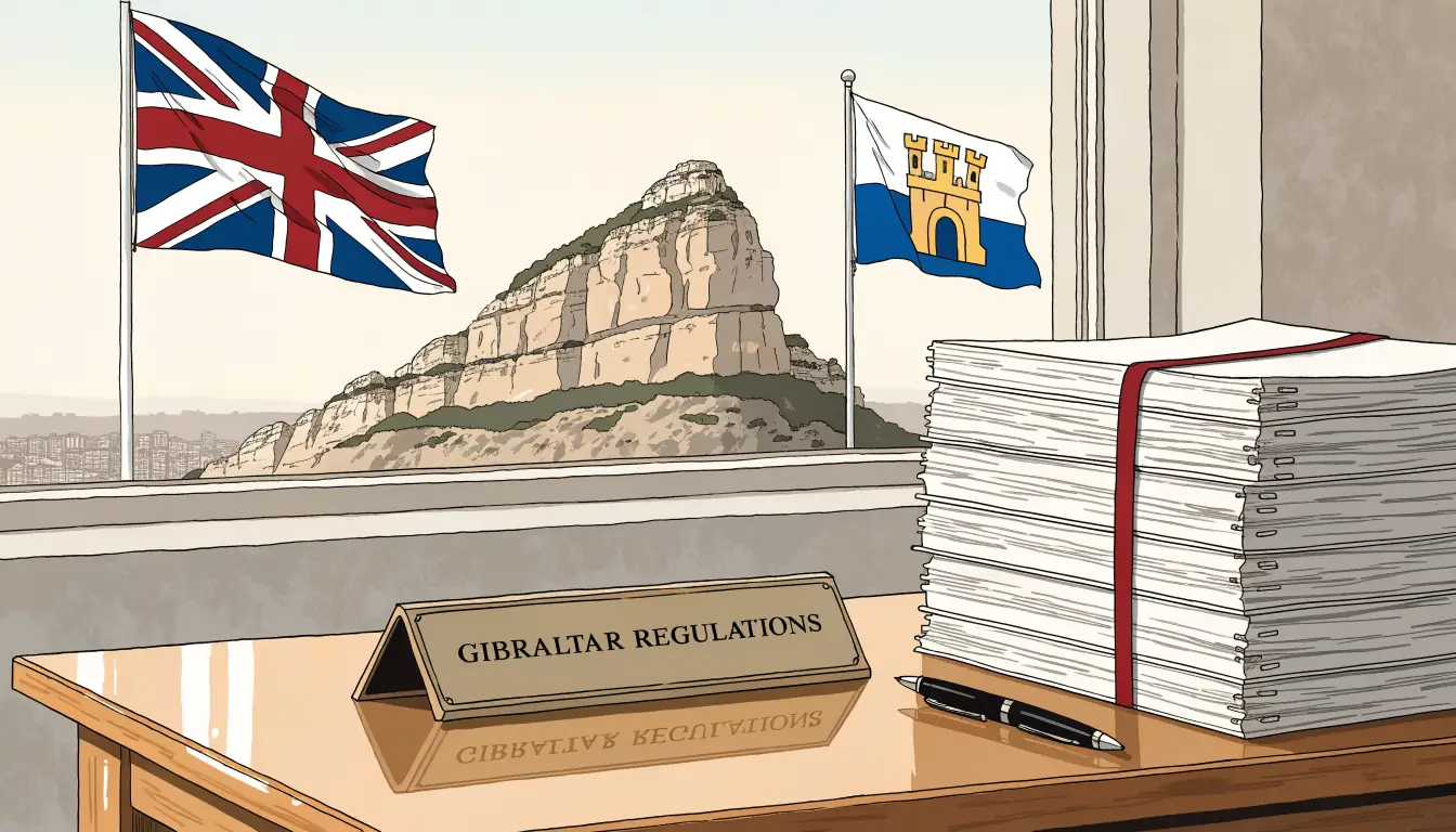 Regulatory desk overlooking the Rock of Gibraltar with British and Gibraltar flags