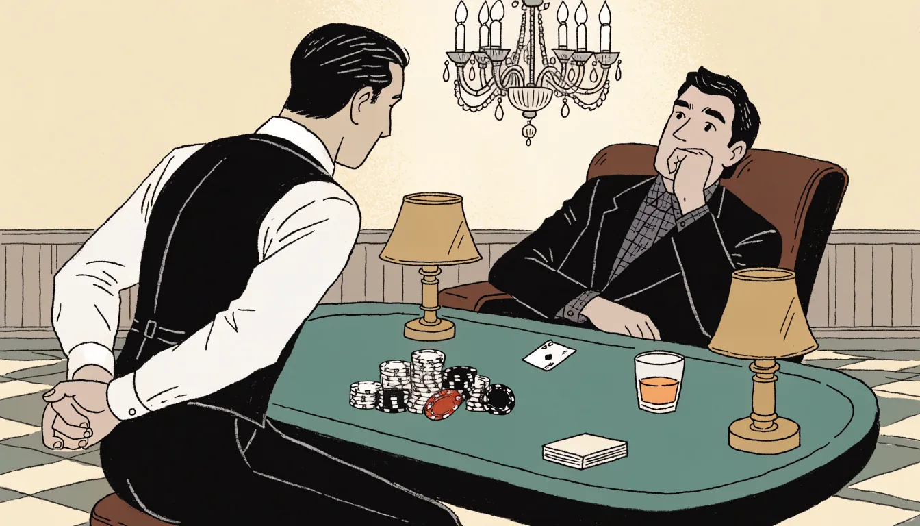 British casino croupier beside a card table with chips while a player contemplates the next card.