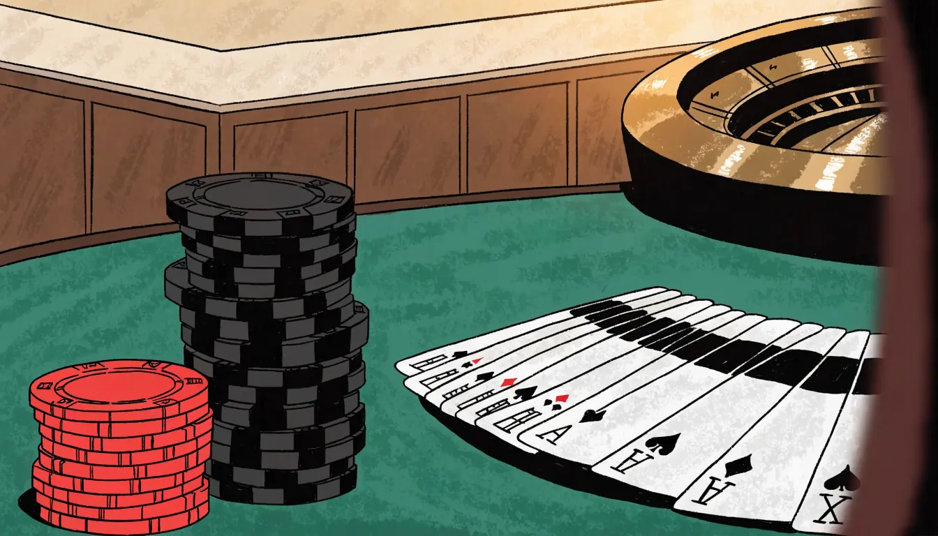 Casino chips and playing cards on a green felt table in a British gaming room.