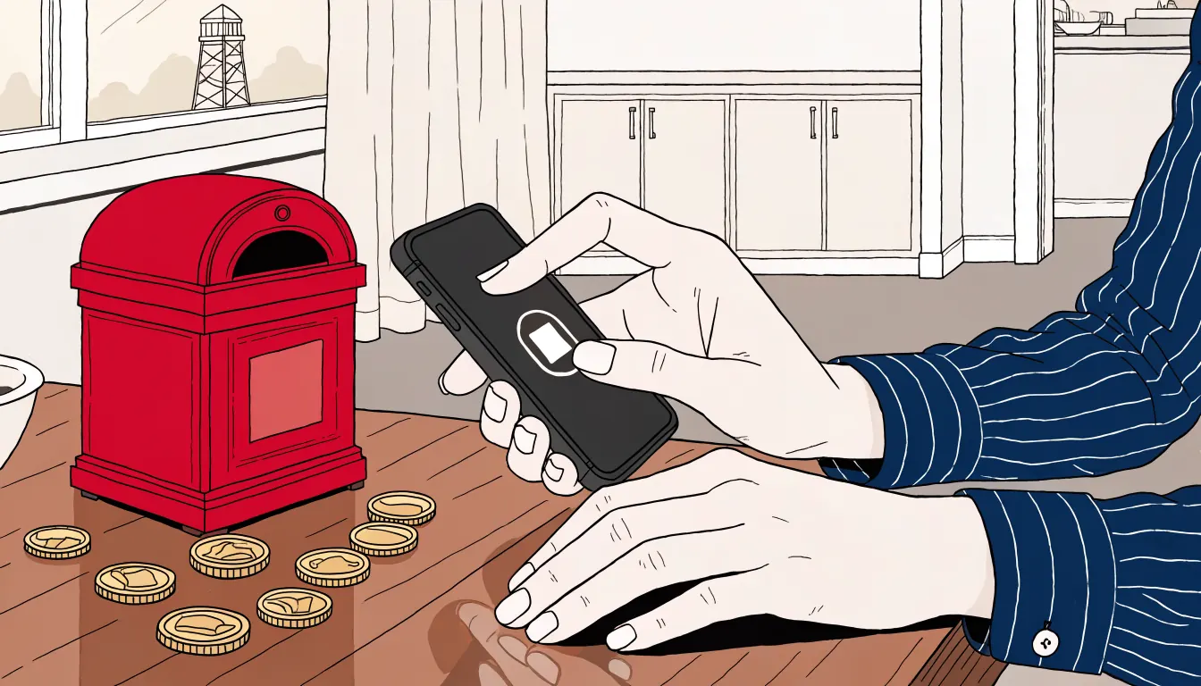 Hands using a smartphone for mobile banking at a wooden table in a UK home